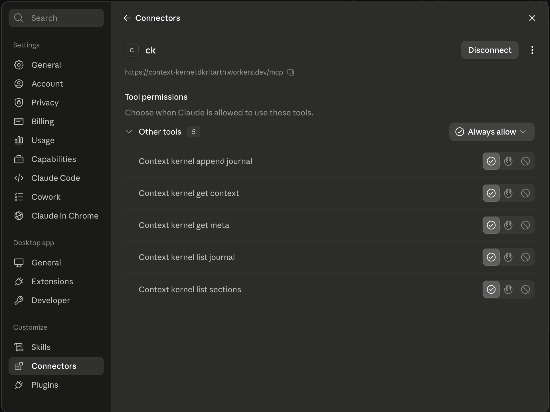 Claude connector settings showing context-kernel's 5 MCP tools, always-allowed
